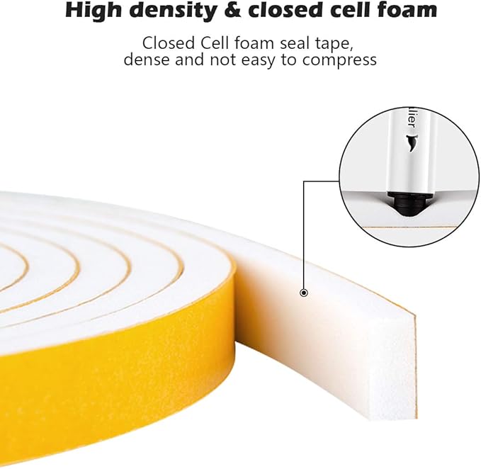 White Door Window Weather Stripping Self Adhesive Foam Tape High Density Foam Sealing Strip Window Insulation Weatherproof Gasket Tape, 3/4" Wide X 3/8" Thick, 6.5 Ft X 2 Rolls, Total 13 Feet