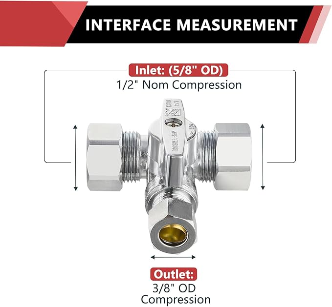 (Pack of 2) EFIELD 1/4-Turn Stop Tee Compression Stop Valve, 1/2" NOM (5/8" OD) x 1/2" NOM (5/8" OD) x 3/8 inch Chrome Plated Brass,(VALVE247-2PCS)