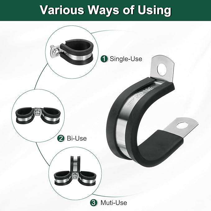 uxcell 1"(25mm) Cable Clamp, 304 Stainless Steel Rubber Cushioned Insulated R Shape Metal Clamp Tube Holder for Pipe Hose Wire Cord Installation 10Pcs