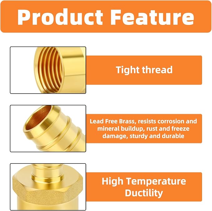 GASHER 2Pcs No Lead Brass 3/4" Pex Female Adapter, 1/2" Female NPT to 3/4" PEX Adapter for Pex Tubing