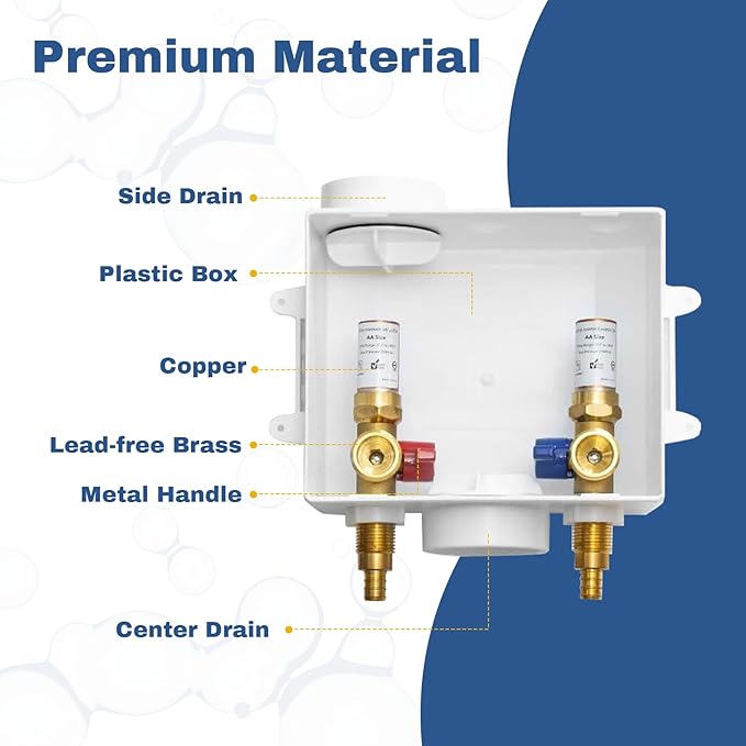 50-PACK GUOFIS Washing Machine Outlet Box with Copper Water Hammer Arrestor, PEX Laundry Washer Box with Central and Side Drain Design(1/2"PEX Crimp Connection Inlet X 3/4"MHT Outlet)(WM012-50Pack)