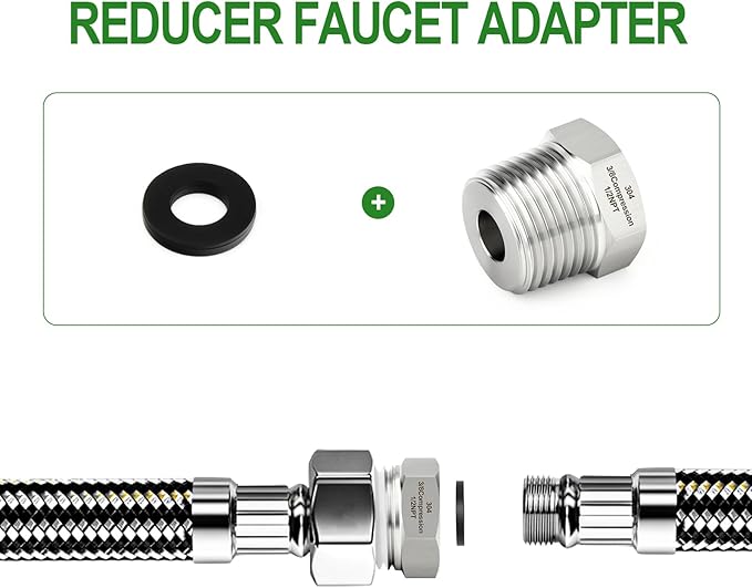 TAISHER 2PCS 304 Stainless Steel Reducer Water Hose Adapter 1/2" NPT × 3/8" Compression Pipe Fitting for kitchen bathroom faucet supply line adapter with rubber gasket