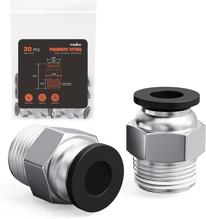 3/8"OD x 3/8"NPT Thread Push to Connect Fittings – Air Line Straight Connectors, Quick Connect Pneumatic Fittings, Push Lock Air Hose Fittings for Compressor, Air Tools & Tubing (20 PCS)