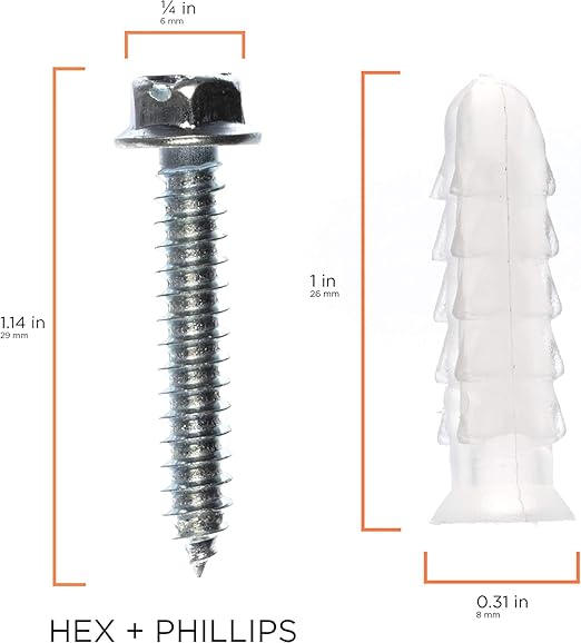 THE CIMPLE CO Ribbed Plastic Conical Anchors and Screws - for Concrete, Stucco, Brick, Drywall, and Similar - Kit of 50 Screws, and 50 Anchors