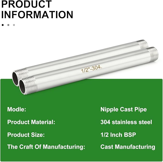 TAISHER 2PCS Stainless Steel Pipe Fittings, 1/2" BSP Male x 1/2" BSP Male Threaded, 8" Length Nipple Cast Pipe