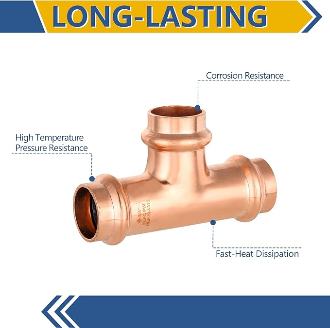 5-Pack GUOFIS Copper Press Tee,3/4" x 3/4"x 3/4" Tee Fittings for Copper Tube Connection with Stop(PRESS016-5PCS)