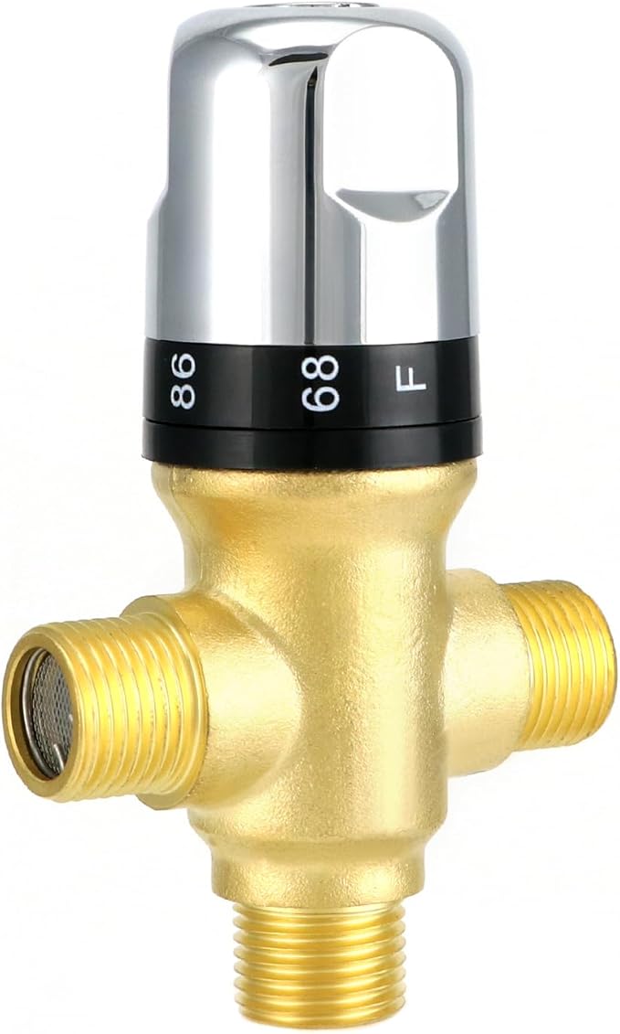 QWORK Thermostatic Mixing Valve, 2 Pack Solid Brass Pipe Water Valve with Temperature Control - 1/2 NPT Male Connections - Includes 3 Adapters, Suitable for Wash Basins, Showers, Kitchens