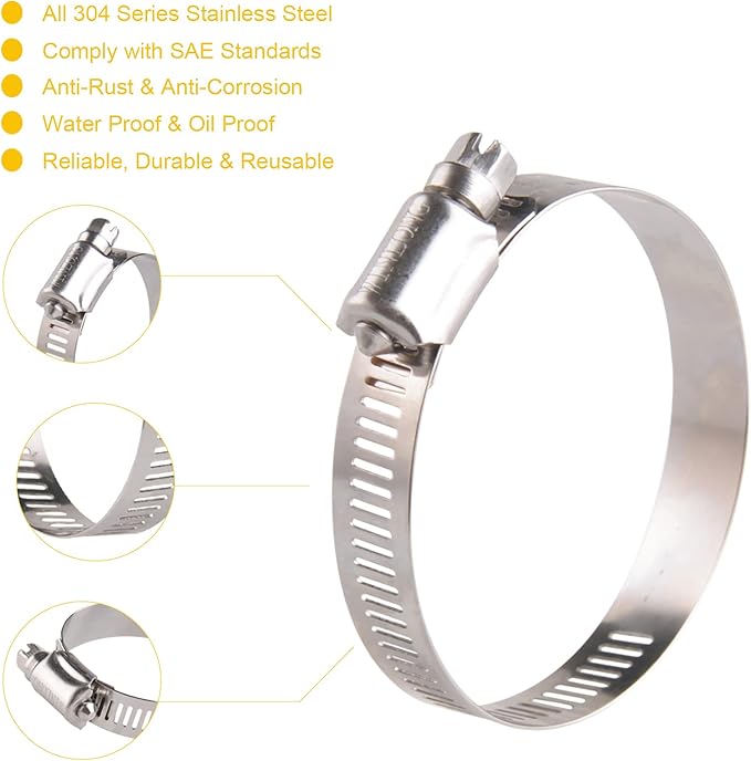 Winlong Stainless Steel 2.5'' Hose Clamps, 10PK SAE 40 Worm Gear Hose Clamps Adjustable 2 Inch-3 Inch (51-76mm) for Automotive Plumbing, 2 1/2'', 2 3/4’’, 2 1/4'' Hose Clamps