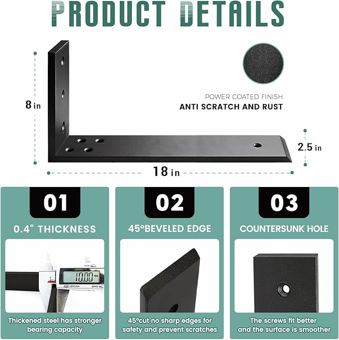 Countertop Support Brackets 3 Pack L Bracket Countertop Brackets 18" x 8" x 2.5" Heavy Duty 3/8" Thick Shelf Brackets Metal Corbels L Shape Bracket for Wood Shelf/Quartz/Granite/Concret Countertops