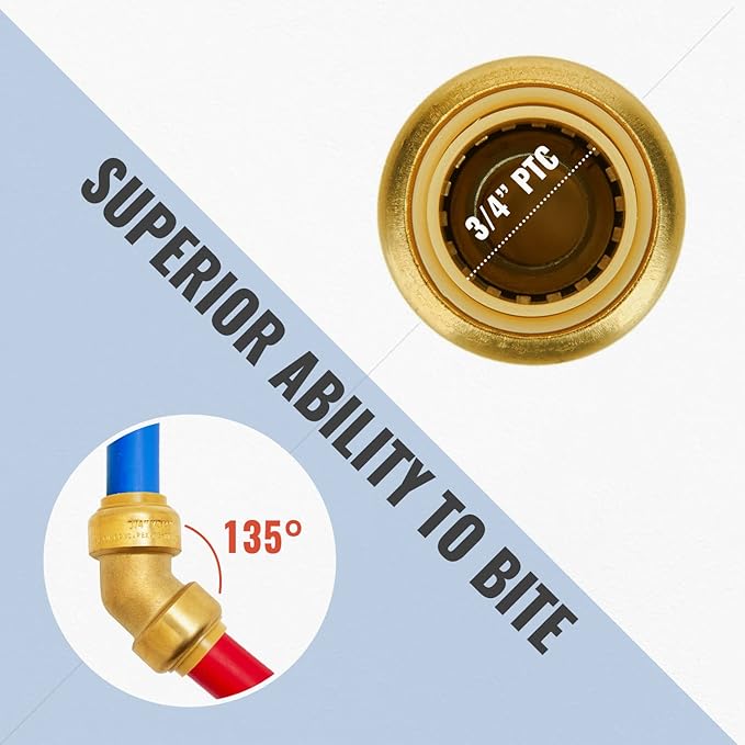 SUNGATOR 3/4 Inch 45 Degree Elbow, No Lead Brass Push to Connect Plumbing Fittings to Connect PEX Pipe, Copper, CPVC, PE-RT, with 1 Disconnect Clip, Pack of 6