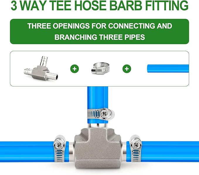 TAISHER 1PCS Forging of 304 Stainless Steel 3 Way Tee Hose Barb Fitting, 1/2" x 1/2" x 1/2" Hose Barb for Fuel/Air/Lquid/Gas with 3PCS Hose Clamp