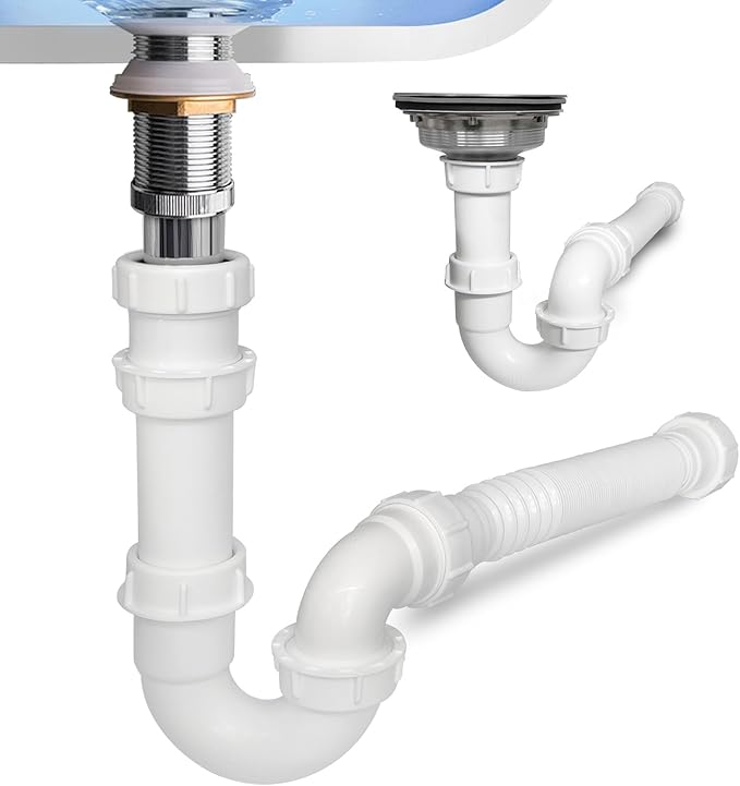 White 1 1/4" and 1-1/2" P-Trap Plumbing Kit with Threaded Adapter, J-Bend for Restroom Sink Kitchen Sink Drain Pipe, Flexible Extension Tube Drain Tailpiece