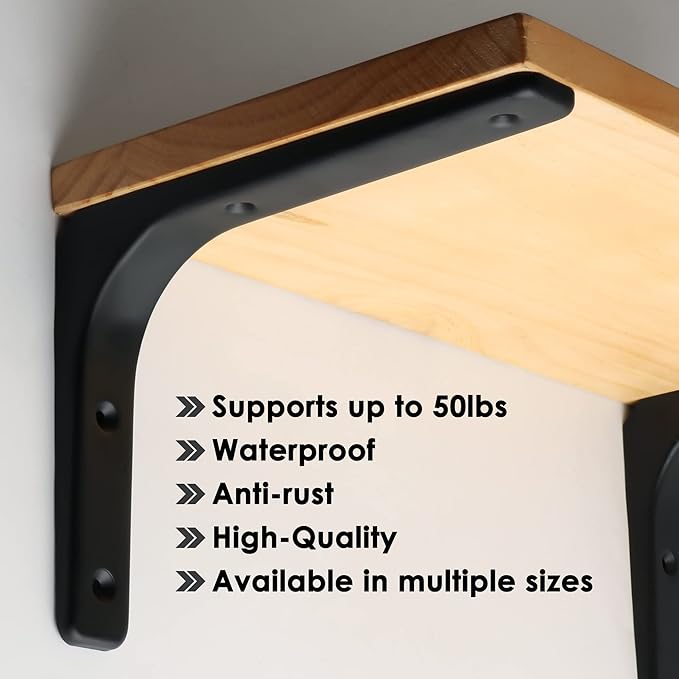 SAYAYO Metal Shelf Brackets, 8 x 6 Inch Heavy Duty L Angle Brackets Shelf Hardware Decorative Wall Hanging Supports for Floating Storage Shelf, 4 PCS Matte Black