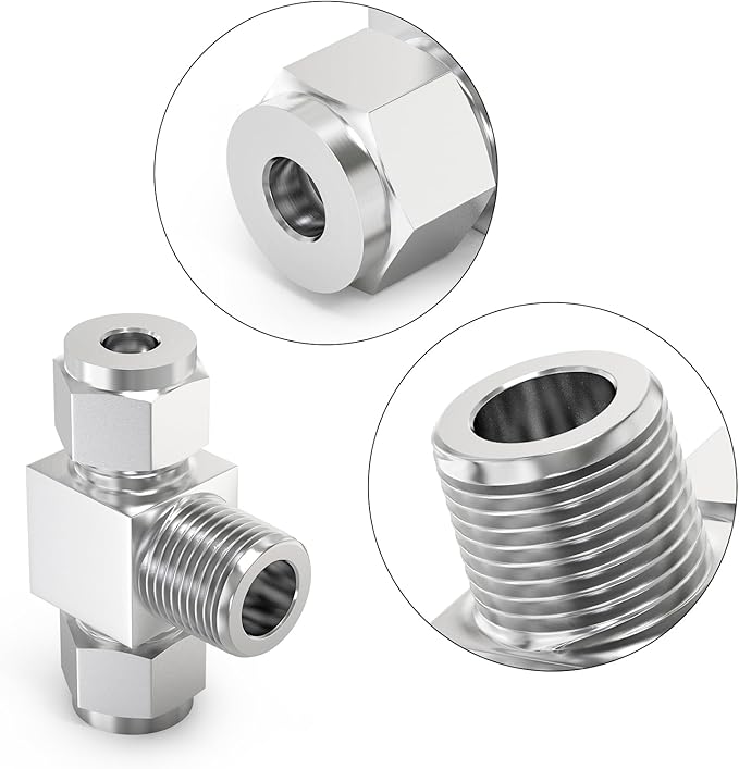 TAISHER 1PCS 304 Stainless Steel Compression Tube Pipe Fitting Connector, 1/4" Tube OD x 1/4" NPT Male x 1/4" Tube OD Tee Adapter