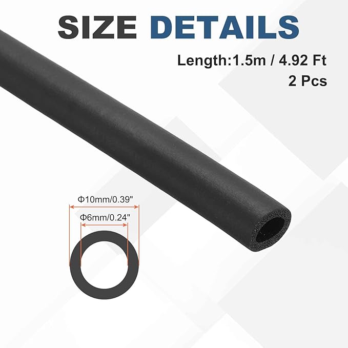 2pcs 1/4" ID Pipe Insulation Foam Tube, EPDM Pipe Cover 2/5" OD Wrap Roll Bar Tubing 4.9FT Long - Insulation Freeze Heat Preservation for Guitar Stand/AC Units/Exercise Machine