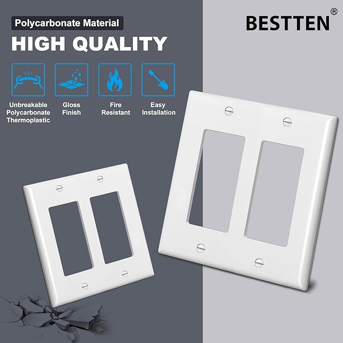 [2 Pack] BESTTEN 2-Gang Decorator Wall Plate, Standard Size, H4.53” x W4.57”, Unbreakable Polycarbonate Outlet and Switch Cover, UL Listed, White