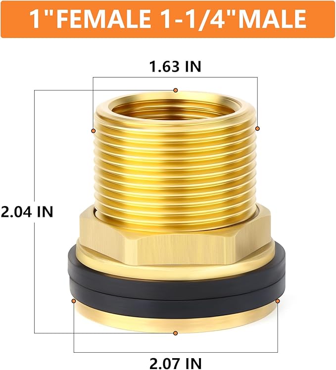 GASHER 1PCS Brass 1" Female 1-1/4" Male Bulkhead Tank Connector Adapter Fitting with Rubber Ring