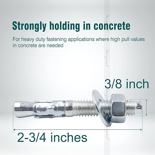 3/8 x 2-3/4 inch Carbon Steel Wedge Anchor kit for Concrete Cement Wall Floor Ground Deck Fence Base Bracket, Drill Stud Post Strong Screw Bolt Set.(30 pcs)