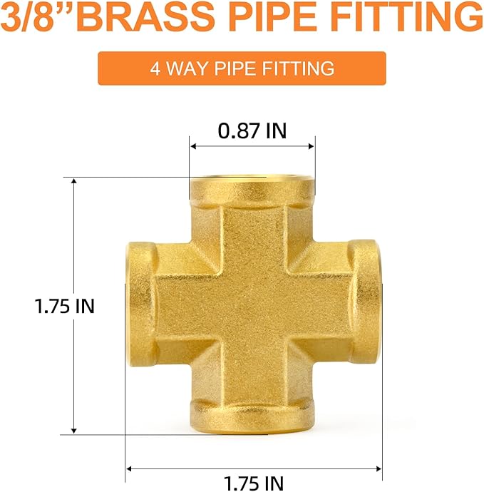 GASHER 5PCS Brass Pipe Fitting, Cross 4 Way Pipe Fitting, 3/8" x 3/8" x 3/8" x 3/8" NPT Female Pipe