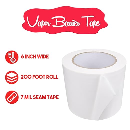 Vapor Barrier Tape - White Insulation Tape for Basement Wall Moisture Barrier, 7 Mil Polyethylene Tape Seal Tape for Crawlspaces, Repair, Underlayment Seams, (6 Inch x 200 Feet, White)