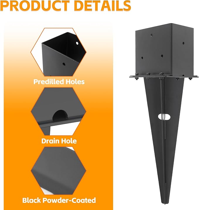 4 Set 4"x 6" Fence Post Anchor Ground Spike, 22" Heavy Duty Metal Fence Stake Post Bases (Inner Size 3.6"x5.6") with Black Powder Coated for Fence, Deck, Railing, Mailbox and Porch