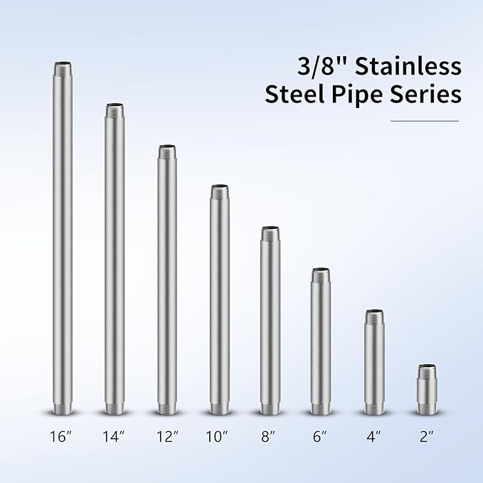 3/8"x6" 304 Stainless Steel Pipe, 3/8" NPT x 3/8" NPT Male Threaded Nipple, SCH40 Heavy Duty Pre-Cut Steel Pipe for Plumbing Gas, Hydraulic, and Industrial Applications(6", 4 Piece)