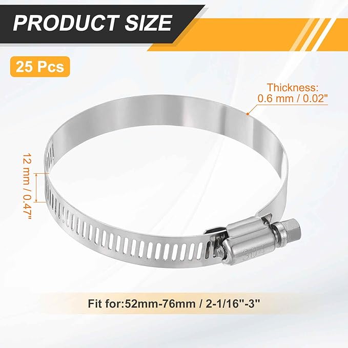 HARFINGTON 25 Pcs Hose Clamp 2-1/16"-3" (52-76mm) 304 Stainless Steel Adjustable Worm Gear Hose Clamp with Phillips Screw Assortment Kit for Fuel Line Pipe Plumbing Automotive Tube