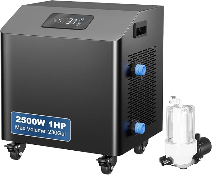 Ice Bath Water Chiller for Cold Plunge Tubs, 1HP Upgraded Cold Plunge Chiller with External Filter & Pump, Submersible Pump, Insulated Hoses, 110V Cooling Chiller for for Cold Therapy Recovery