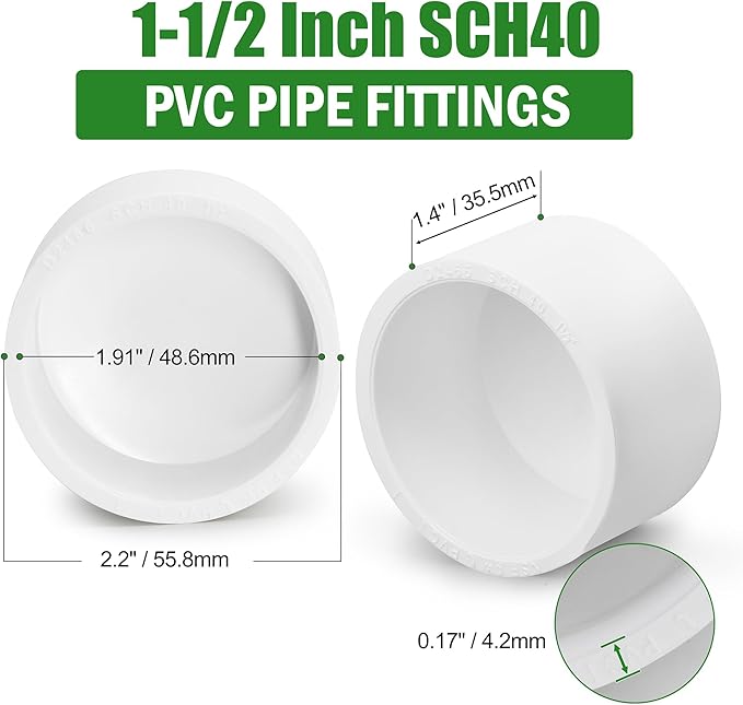 SCH40 PVC Cap 1-1/2 Inch - Fit Standard 1-1/2" SCH40 PVC Pipes (OD Approx. 1.9"), Zernmiarder Furniture Grade Pipe Caps, White Pipe Cover Fittings for Plumbing, DIY, Garden & Furniture - 4 Pcs