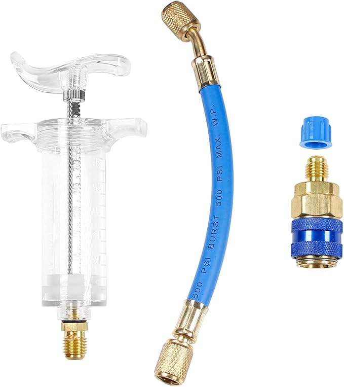 Oil and Dye Injectors Kit Hand Push Compressor Ac Oil Injector Kit with Quick Coupler 1/4 SAE Connector Car ac Leak Detector Kit