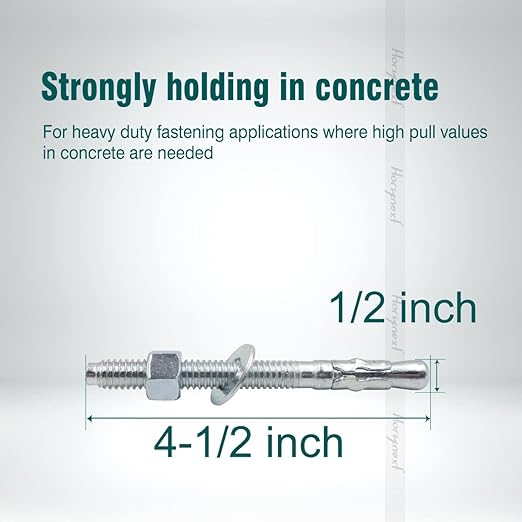 1/2 x 4-1/2 inch Carbon Steel Wedge Anchor kit for Concrete Cement Wall Floor Ground Deck Fence Base Bracket, Drill Stud Post Strong Screw Bolt Set.(10 pcs)