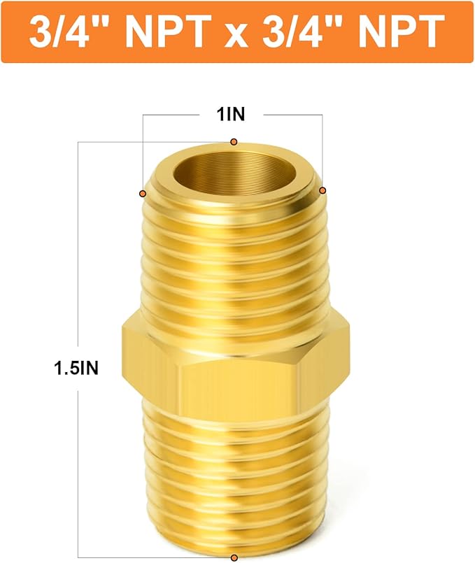 GASHER 2PC Brass Pipe Fitting, Reducing Hex Nipple, 3/4-Inch Male Pipe x 3/4-Inch Male Pipe