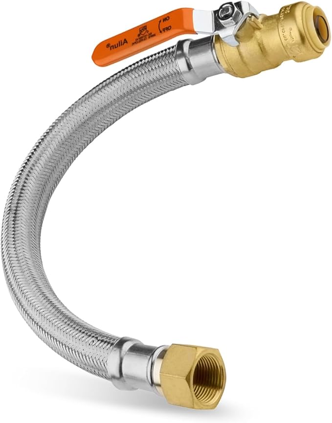(1 Pack) Seelink 18-Inch Stainless Steel Flexible Heater Hose, 3/4 Inch Push-fit Ball Valve x 3/4 Inch FIP, Push-to-Connect for Copper, PEX, and CPVC
