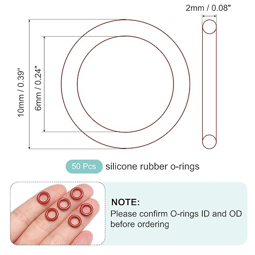 MECCANIXITY Silicone O-Ring 6mm ID 10mm OD 2mm Width Metric VMQ Sealing Gasket Replacement 50A Durometer for Plumbing Compressor Faucets Valves Repair (Red, Pack of 50)