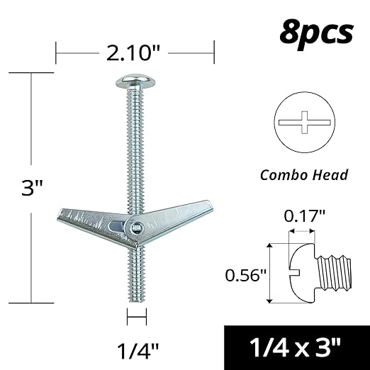 HASWARE Toggle Bolt Zinc Plated Steel and Wing Nut for Hanging Heavy Items on Drywall 1/4x3” (8 Pack)