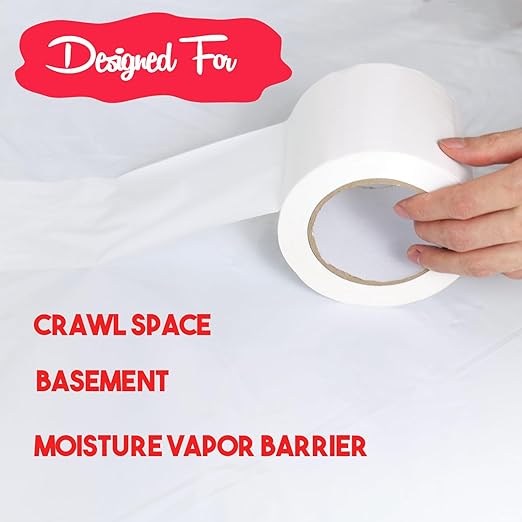 Vapor Barrier Tape - White Insulation Tape for Basement Wall Moisture Barrier, 7 Mil Polyethylene Tape Seal Tape for Crawlspaces, Repair, Underlayment Seams, (6 Inch x 200 Feet, White)