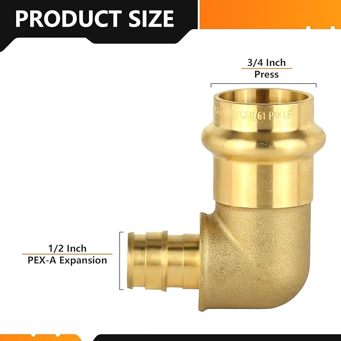 50-Pack HeSun Copper Press Fitting Elbow, 3/4" PRESS X 1/2" PEX-A F1960 Expansion Elbow, LF Brass
