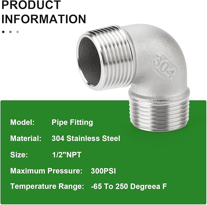 TAISHER 2PCS 304 Stainless Steel 90 Degree elbow,1/2" NPT Male × 1/2" NPT Male Thread Pipe Fitting
