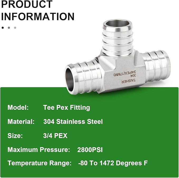 TAISHER 1PCS 304 Stainless Steel Tee Pex Fittings, 3/4" Pex Fitting With 3PCS Hose Clamp For Pex Tubing Pipe