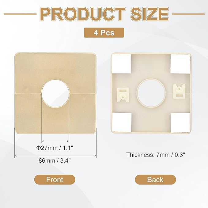 PATIKIL Wall Split Flange 86mm / 3.4" OD, 4 Pcs Square Escutcheon Plate Cover PPR Plumbing Cover Plates with Self-Adhesive Tape for 27mm / 1.1" Dia Water Pipe Faucet, Gold