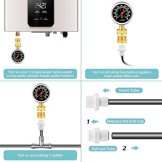 Liquid-Filled Water Pressure Gauge 0-200 PSI/Bar with 5-Piece Kit - Industrial Grade, Tool-Free Installation for Water Heaters, Pool Pumps, RV Plumbing & Irrigation Systems