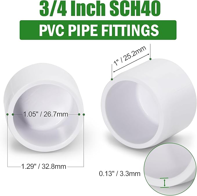 SCH40 PVC Cap 3/4 Inch - Fit Standard 3/4" SCH40 PVC Pipes (OD Approx. 1.05"), Zernmiarder Furniture Grade Pipe Caps, White Pipe Cover Fittings for Plumbing, DIY, Garden & Furniture - 24 Pcs