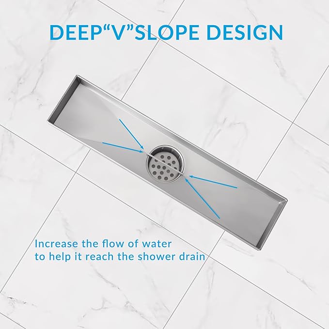 36 Inch Removable Cover Linear Shower Drain 304 Stainless Steel Rectangular Floor Drain for Kitchen Bathroom Square Hole Pattern Drain with Accessories Hair Strainer Adjustable Leveling Feet (Silver)