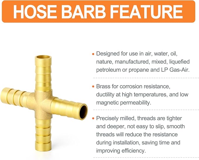 GASHER 5PCS 3/8" Brass Hose Barb, 4-Way Hose Fitting with 20 Hose Clamp Intersection/Lquid/Fuel/Air