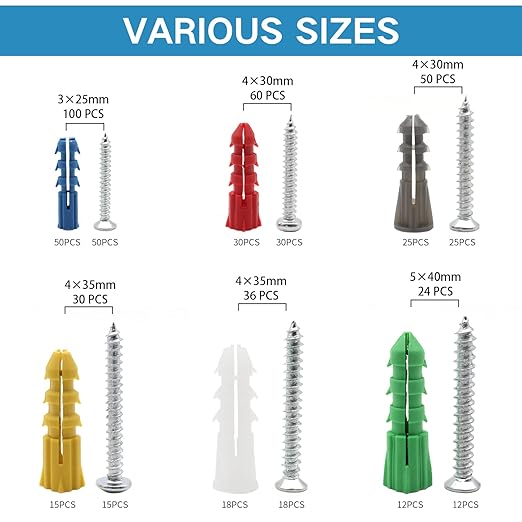 Drywall Anchors and Screws Kit 300Pcs, 150 Wall Anchors, 150 Drywall Screws, Including 6 Different Sizes