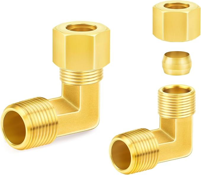 ChillWaves Brass Compression Tube Fitting, 1/2" OD x 1/2" NPT Male 90 Degree Elbow Compression Union Connector(2-PACK)