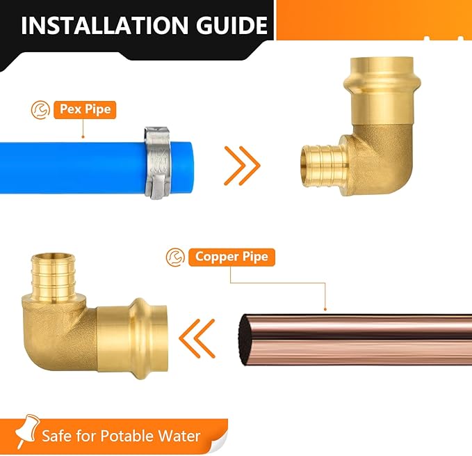 30-Pack HeSun Copper Press Fitting Elbow, 1" PRESS X 1" PEX F1807 Crimp Elbow, LF Brass