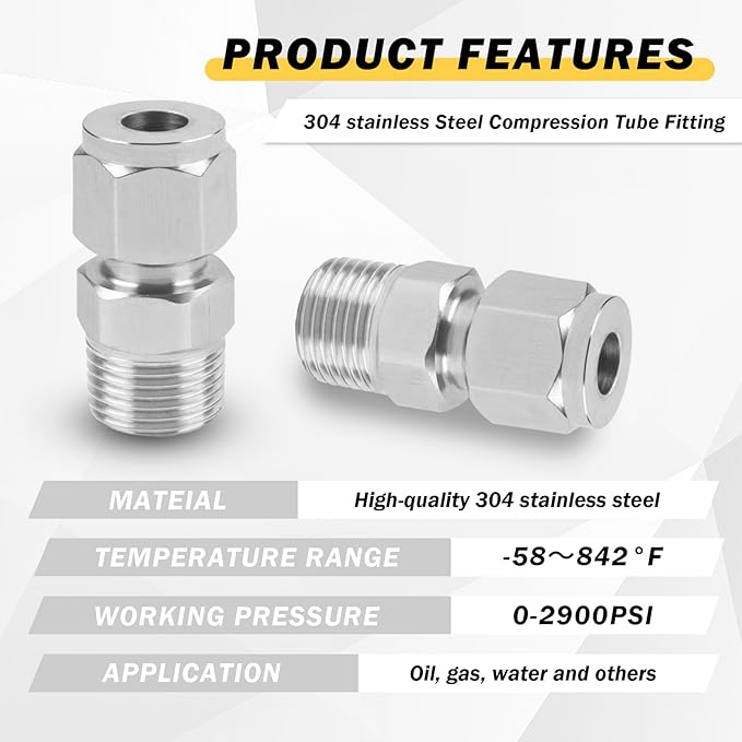 Yoebor Stainless Steel 304 Compression Tube Fitting Straight Adapter Connector with Double Ferrules 1" OD x 3/4" NPT Male,Pack of 2