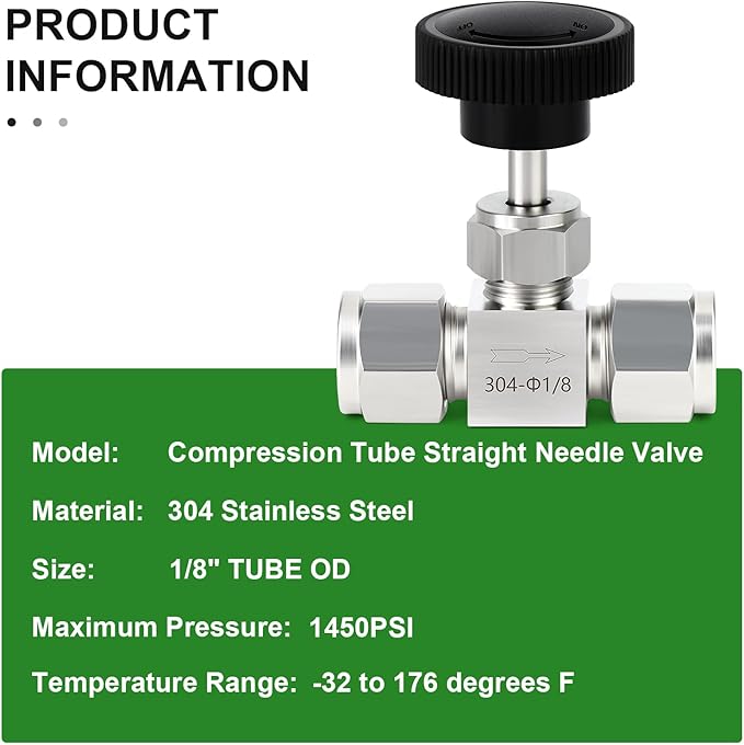 TAISHER 1PCS 304 Stainless Steel Compression Tube Square Straight Needle Valve 1/8" Tube OD x 1/8" Tube OD For Flow Control Water Gas Oil