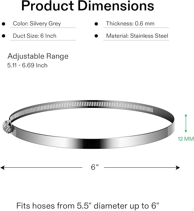 VIVOSUN Stainless Steel Air Ducting Clamps, 6/8/12 Inch Adjustable Hose Clamps with Worm Drive for Ducting, Heating, Cooling, Exhaust, and Ventilation (Pack of 4)